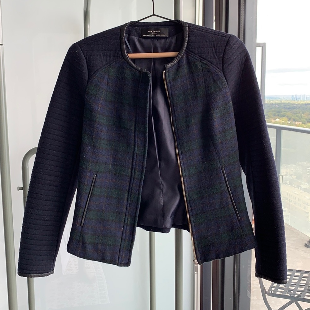 Blue and green tartan structured jacket